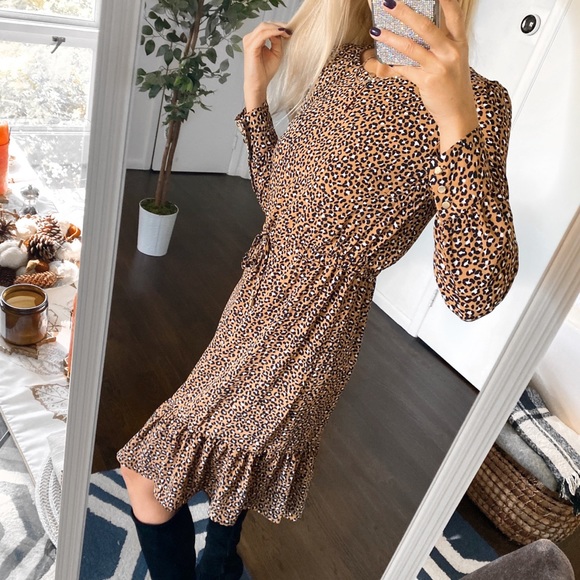 🍂 TALBOTS TAN BLACK ANIMAL PRINT LOOSE LONG SLEEVD DRESS! - Picture 3 of 14